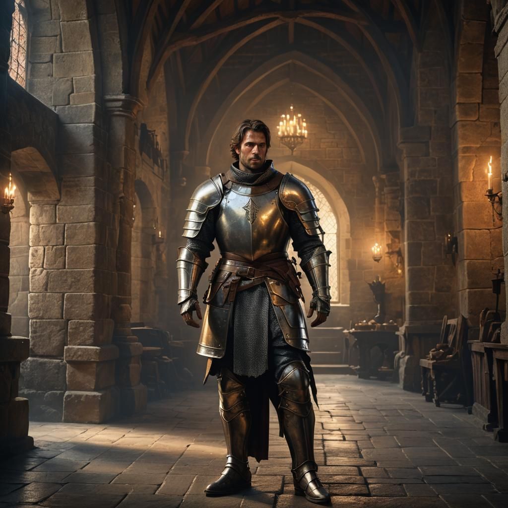 Armored Warrior in Smoky Hall: Hyperrealistic Digital Art