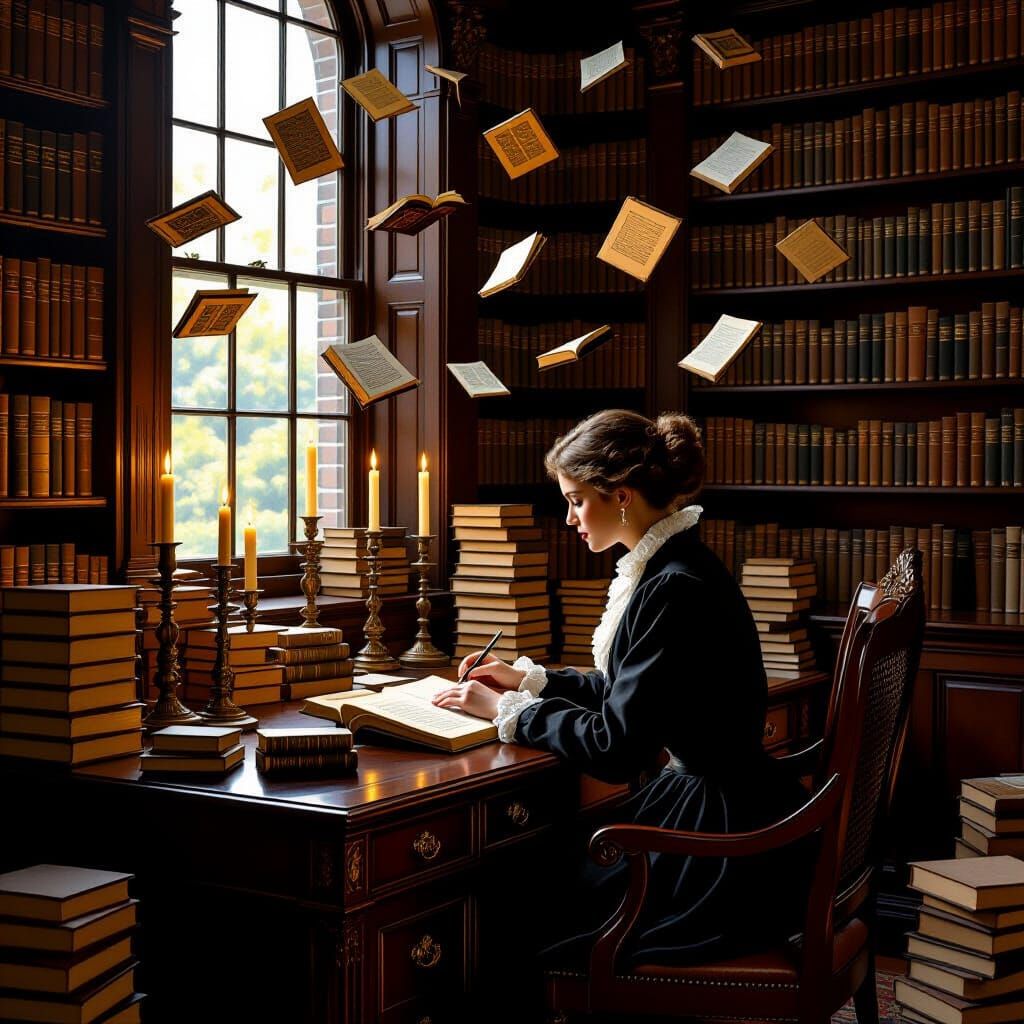 Floating Books in Serene Library as Oil Painting