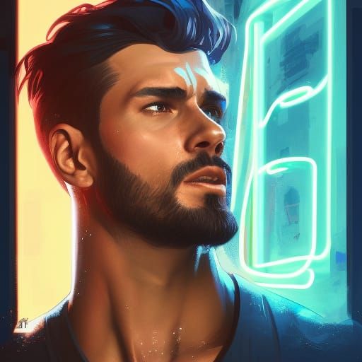 Neon City Portrait: Muscular Man Flexing, Hyperdetailed Art