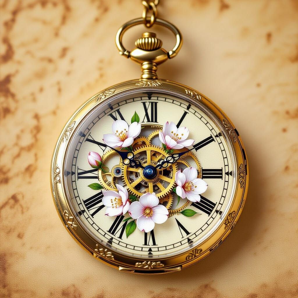 Golden Pocket Watch Blossoms into Almond Flowers on Parchmen...