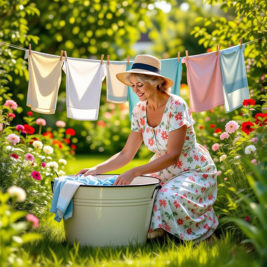 Renaissance-Style Elderly Woman Doing Laundry in Garden