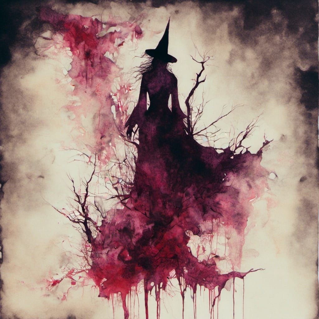 Macabre Double Exposure Witch Alcohol Ink Painting