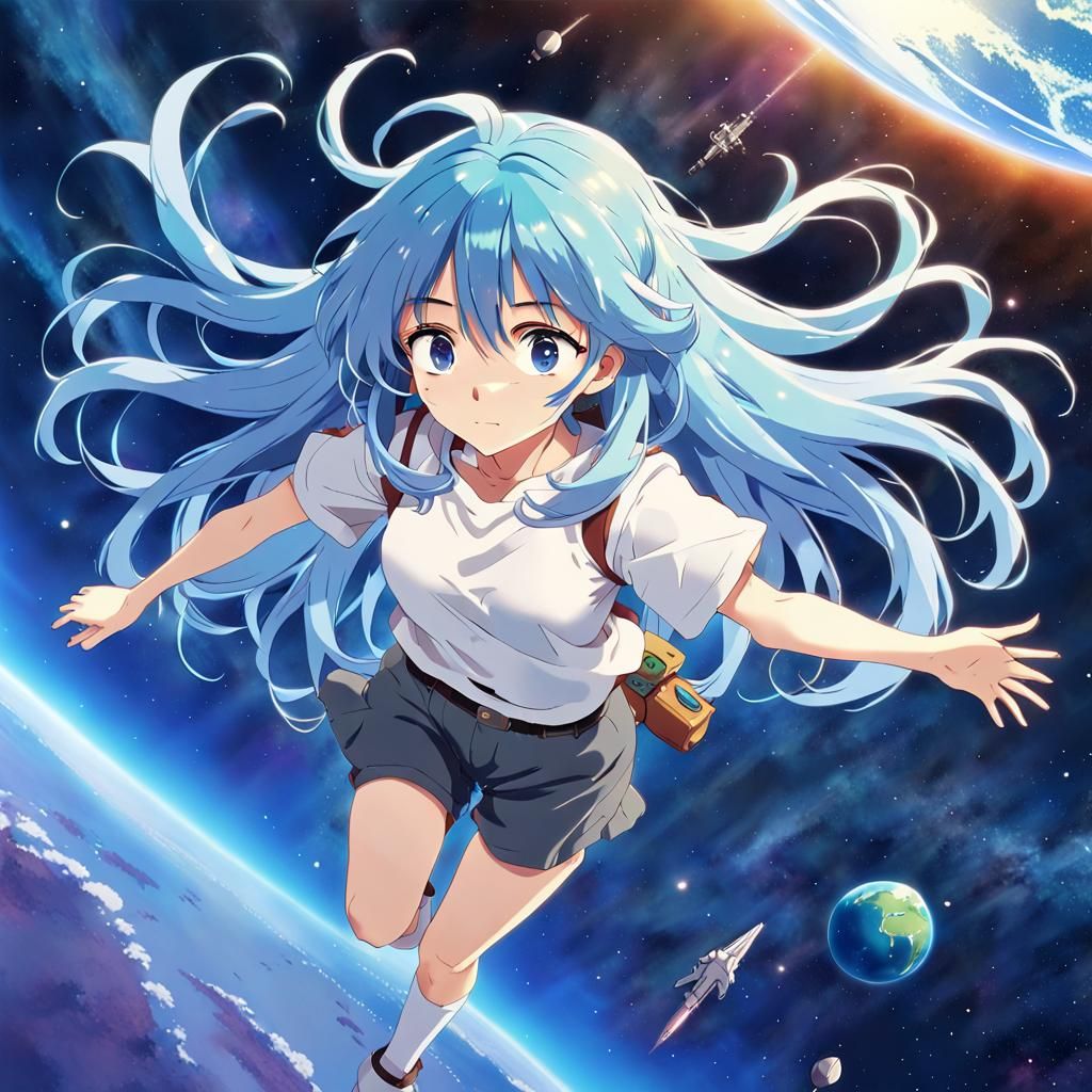 Anime Girl Floating in Space: Ghibli Style