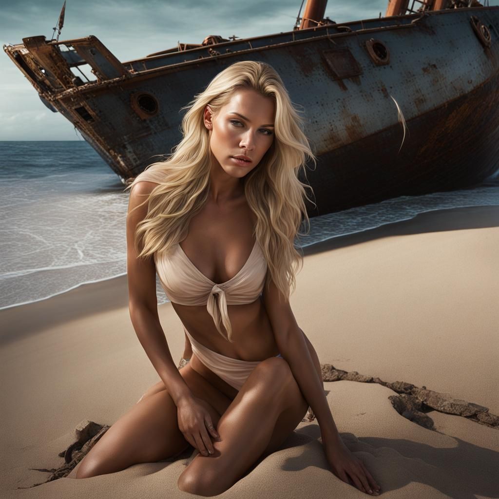 24 yo swedish girl, (medium breasted face down exhausted on a tropical island beach having survived a yacht wreck:1.2), ...