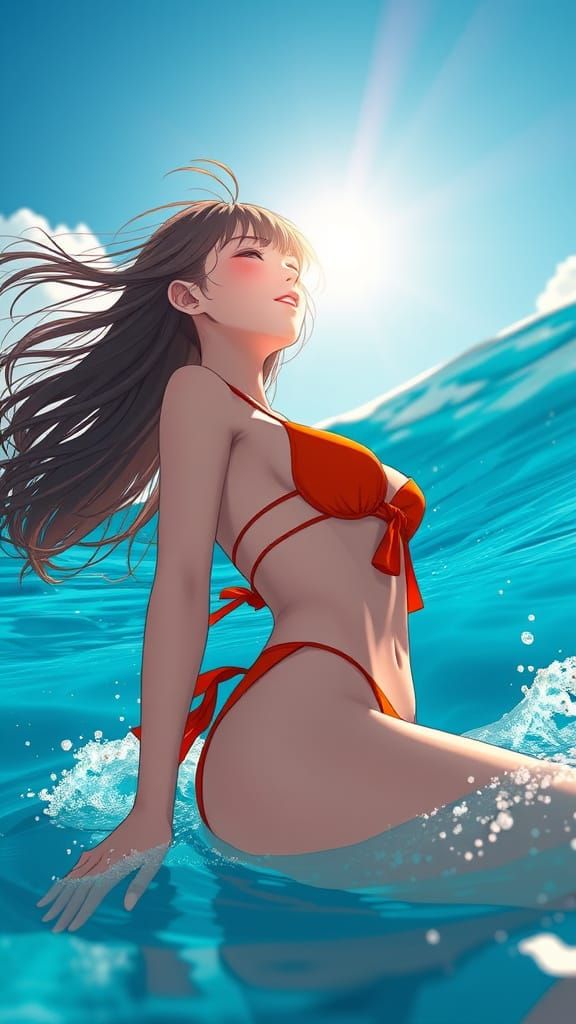 Anime Woman in Bikini, Dreamy Ocean Scene