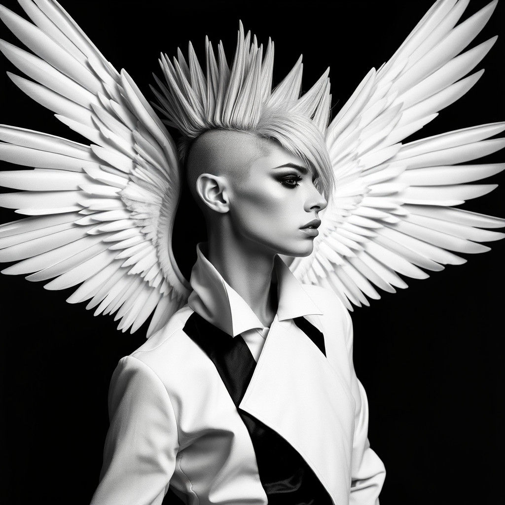 Avant-Garde Winged Model in Dadaist Fashion Photo