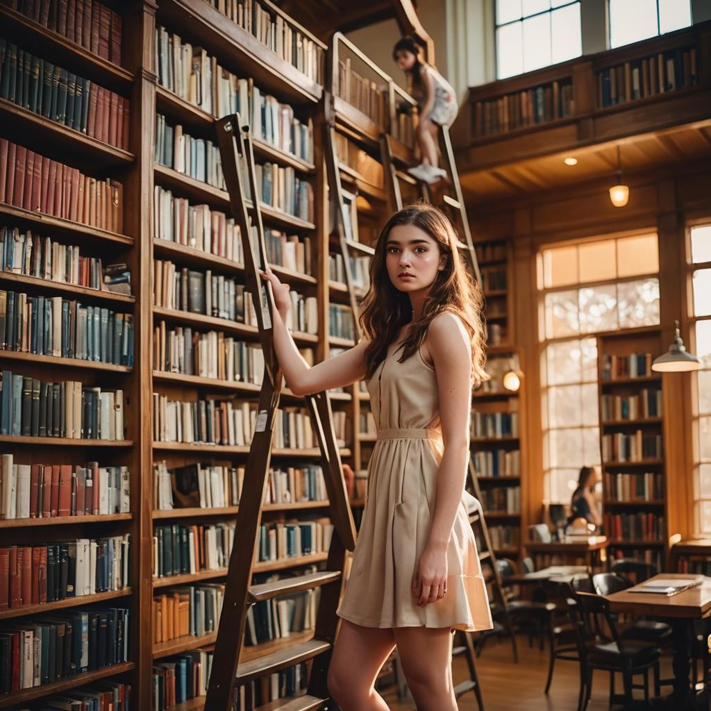 Girl in Short Dress on Ladder, Greg Gorman Style