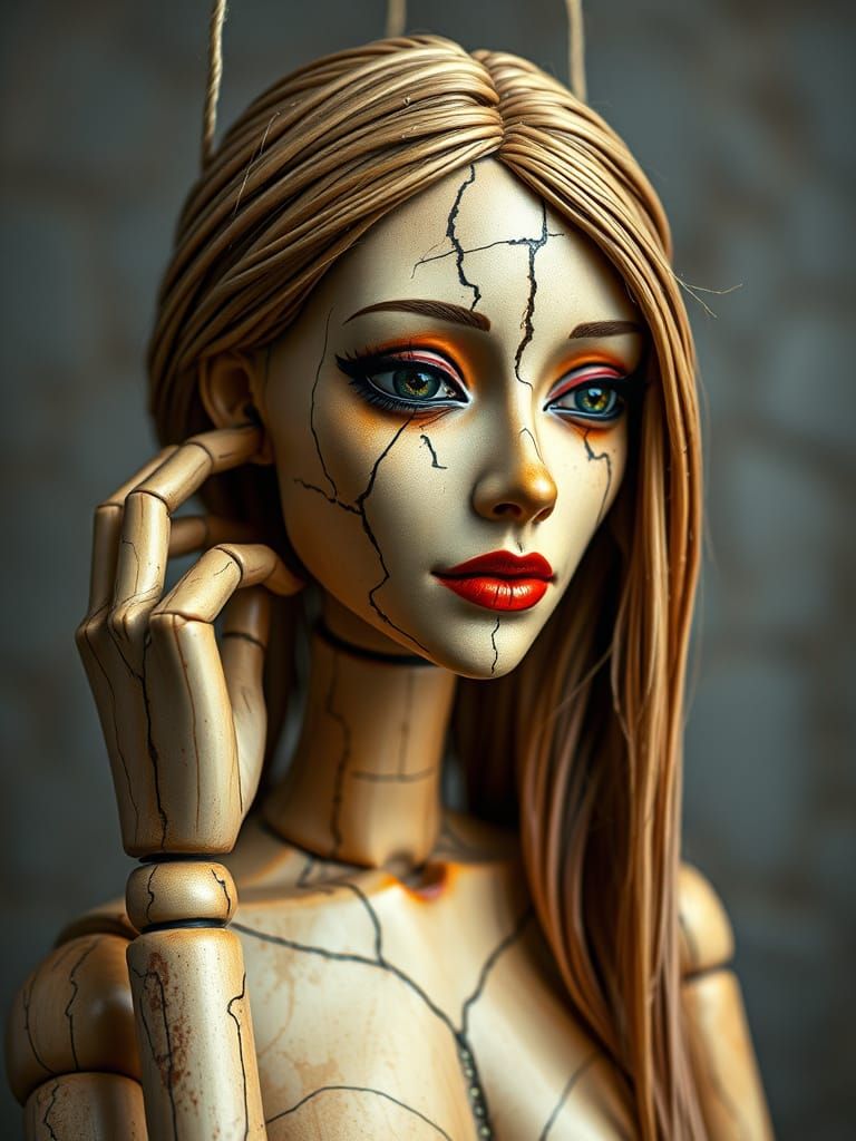 Wooden puppet, beautiful adult woman, with a cracked and dam...