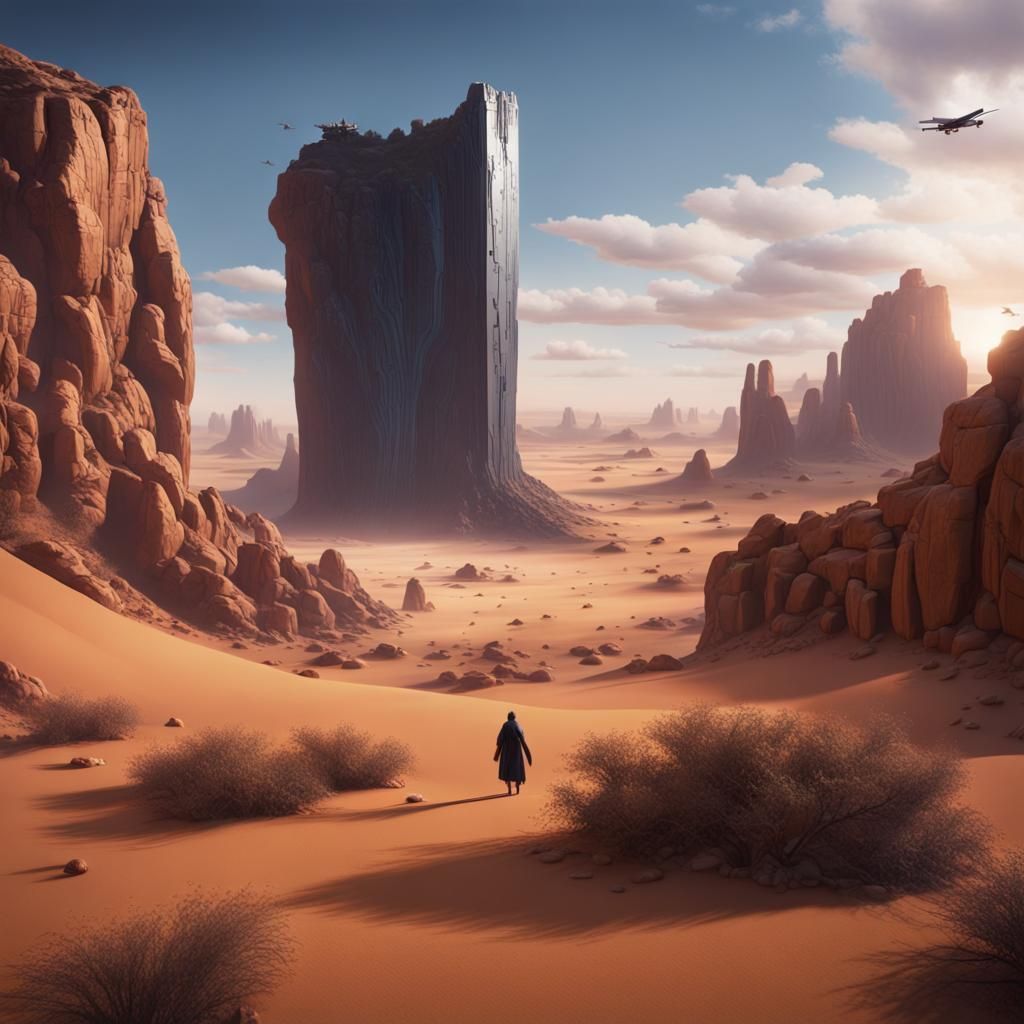 Desert Monolith Scene with Plane, Matte Painting