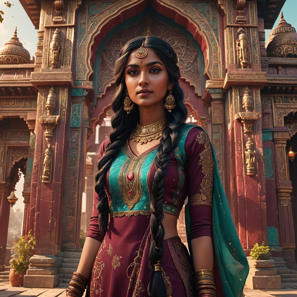 Glamorous Indian Girl in Front of Temple