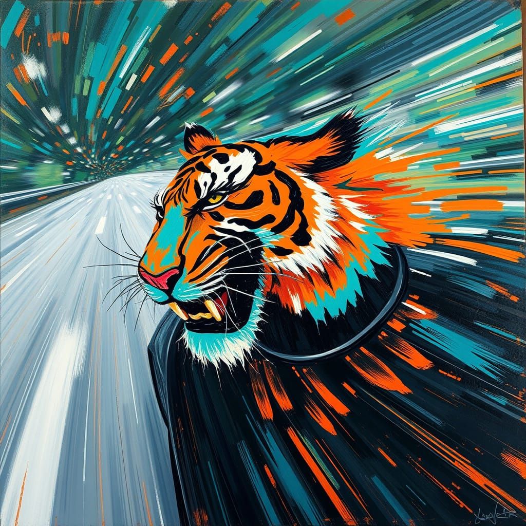 Vibrant Tiger Emerges from Speeding Sports Car in Dynamic Im...