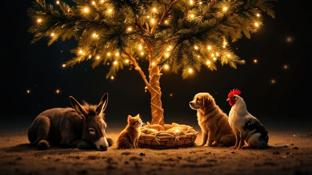 Animals Gather Under Christmas Tree in Cinematic Style