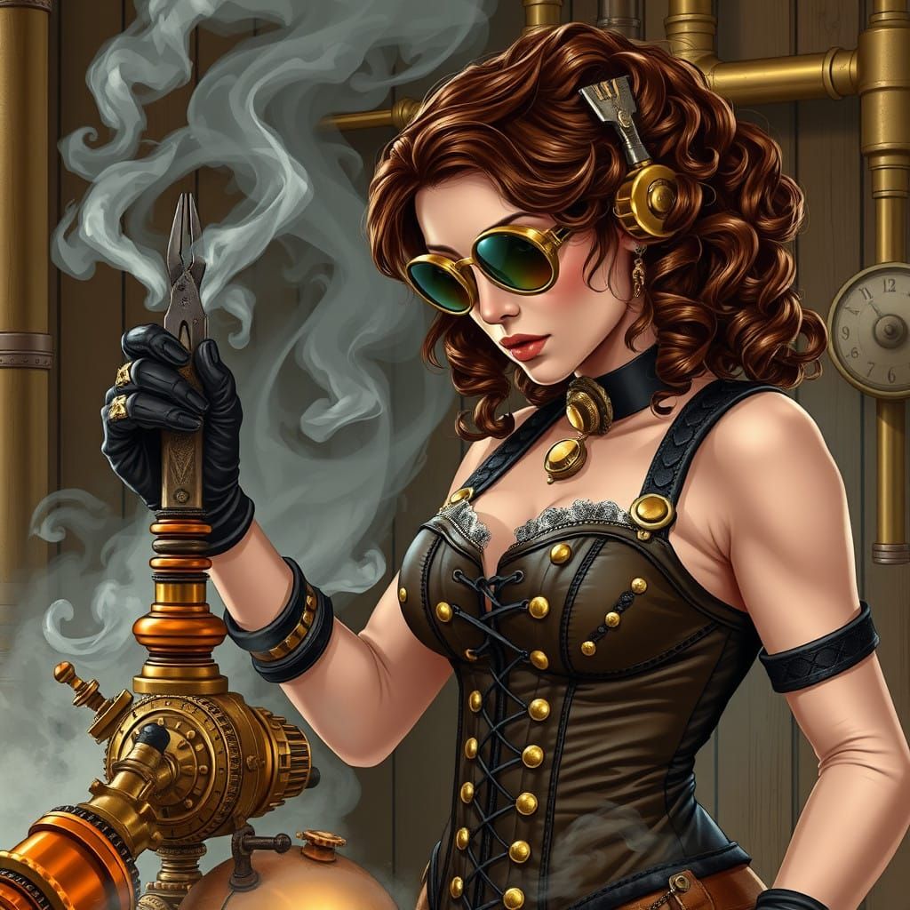 Steampunk Inventor Woman Tinkers with Copper Machine