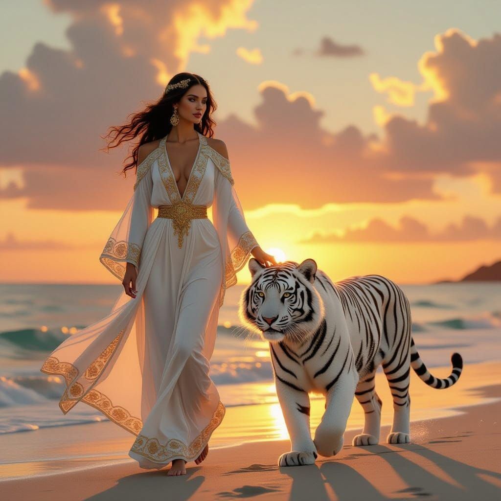 Priestess and White Tiger on Golden Beach