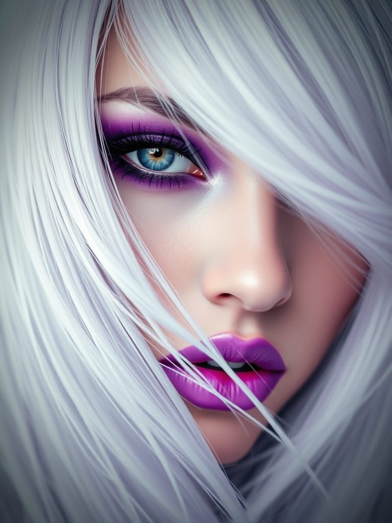 Ethereal Portrait in Purple Makeup and White Hair