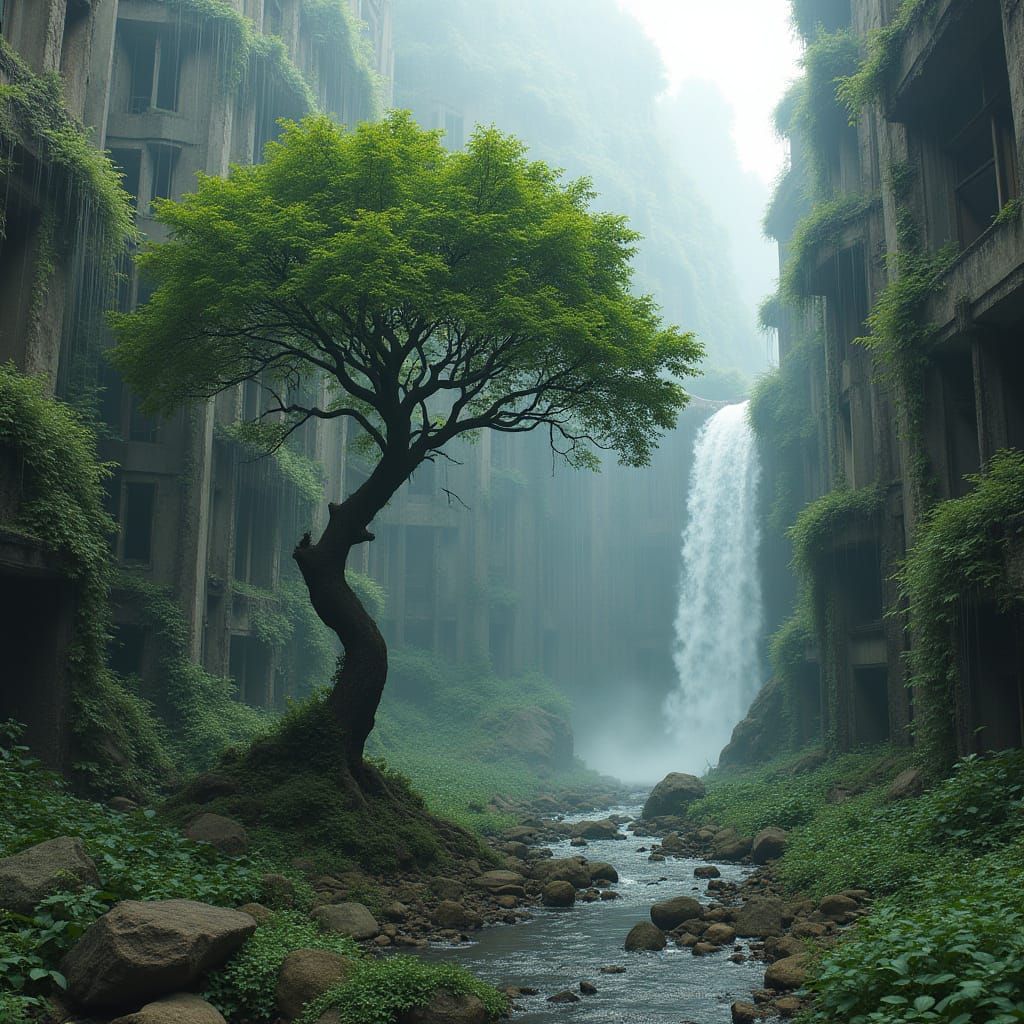Majestic Tree Thrives Amidst Ruins of a Forgotten Metropolis