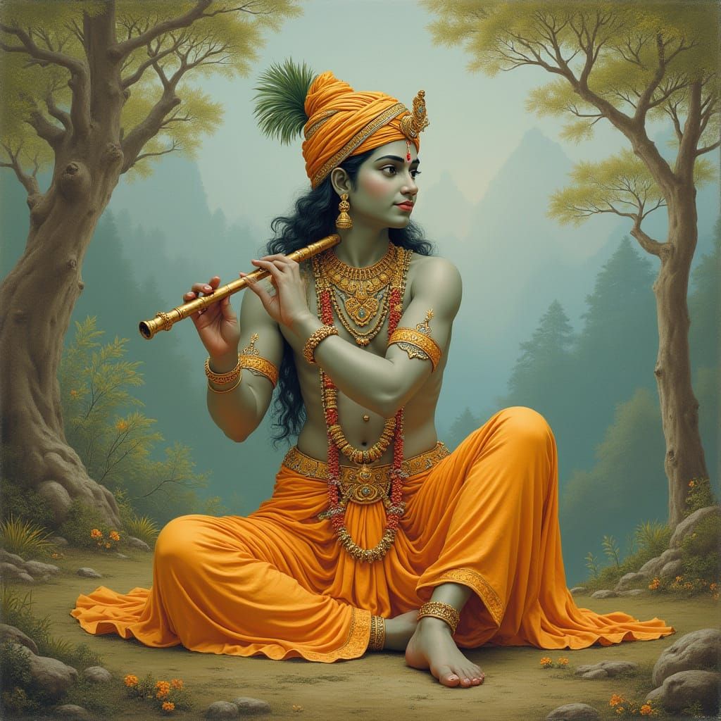 Krishna Plays Flute in Serene Landscape