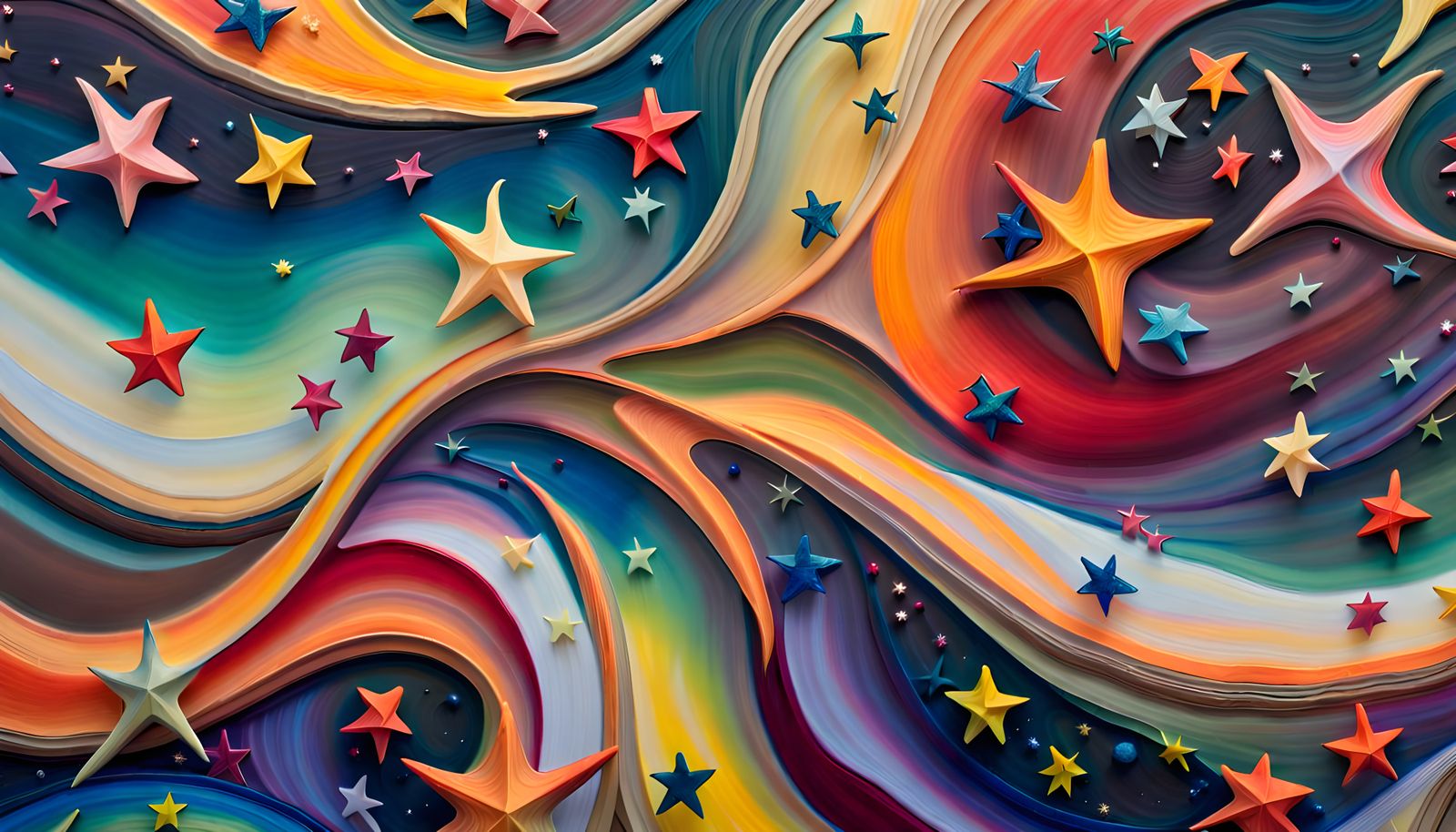 Iridescent Stars Formed from Magnetic Waves, Impasto Paintin...