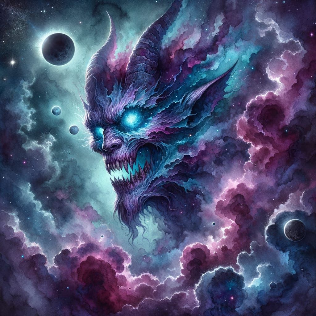 Cosmic Dust Demon in Ethereal Watercolor Style