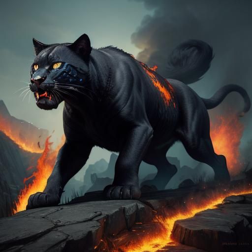 Panther Leaps from Burning Cliff: Fantasy Concept Art