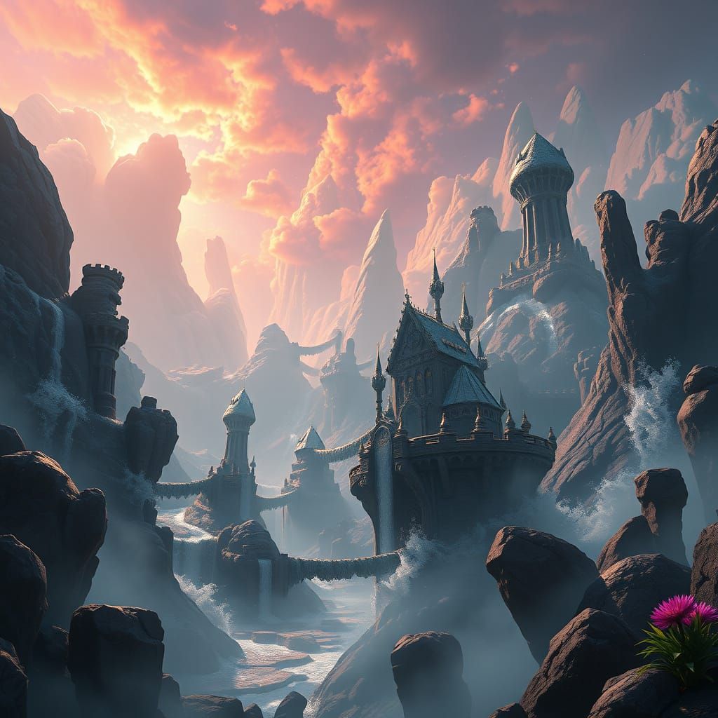 Lonely Flower in Bleak Fantasy Landscape Matte Painting