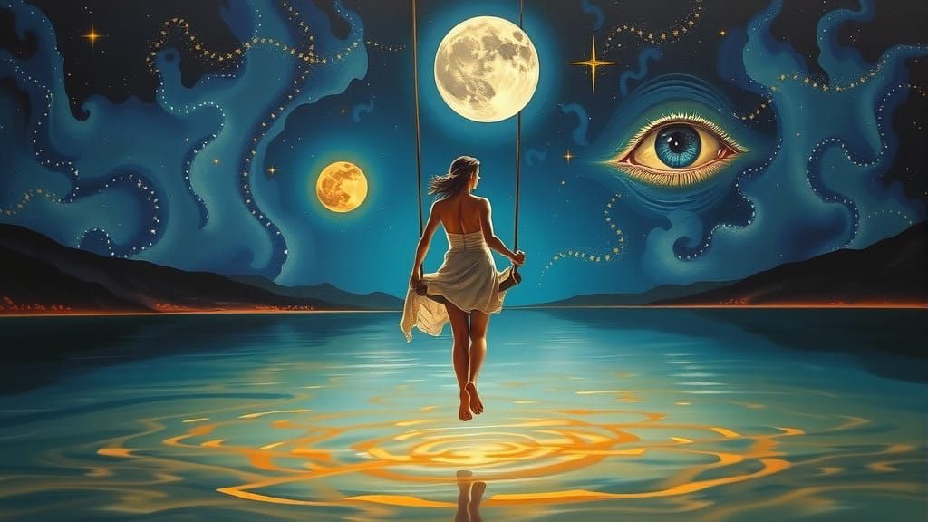 Ethereal Woman on Rope Swing in Surreal Dali-Inspired Landsc...