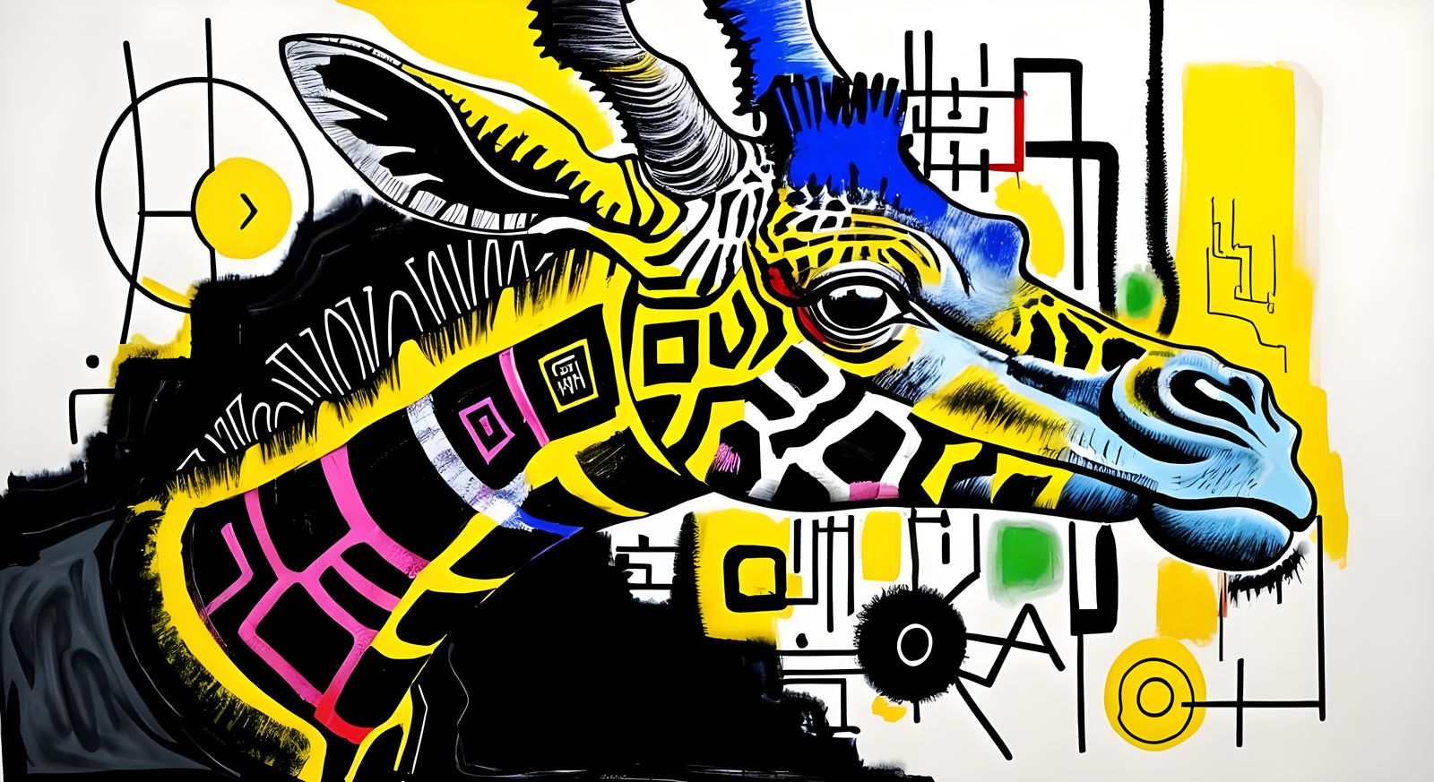 Neo-Expressionist Giraffe Merging with Circuit Board