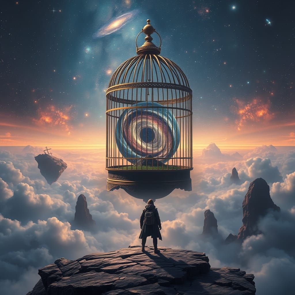 Explorer Faces Cosmic Birdcage on Sky Island