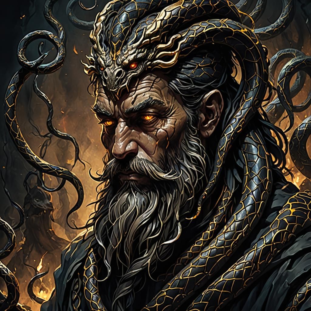 Ancient Sorcerer with Black Gold Snake Beard
