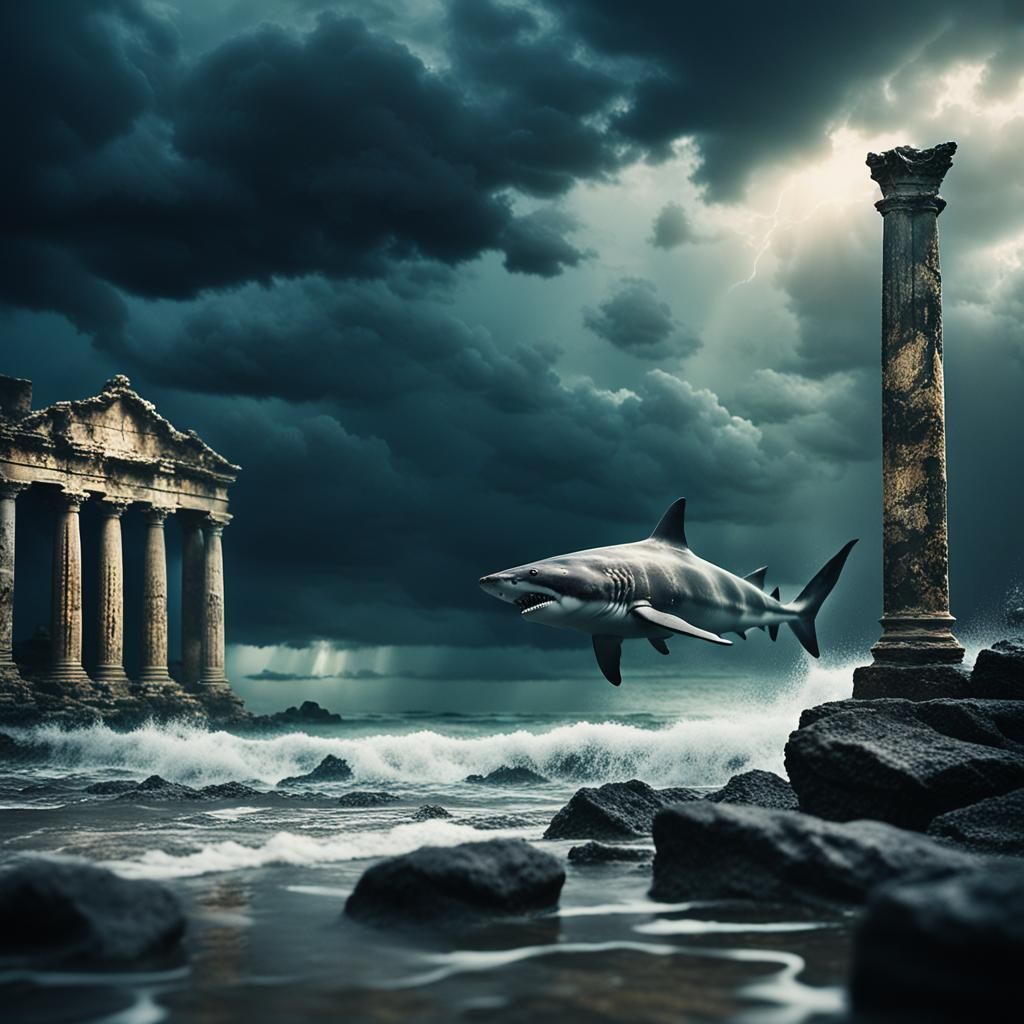 Gladiator Shark on Stormy Beach in Cinematic Style
