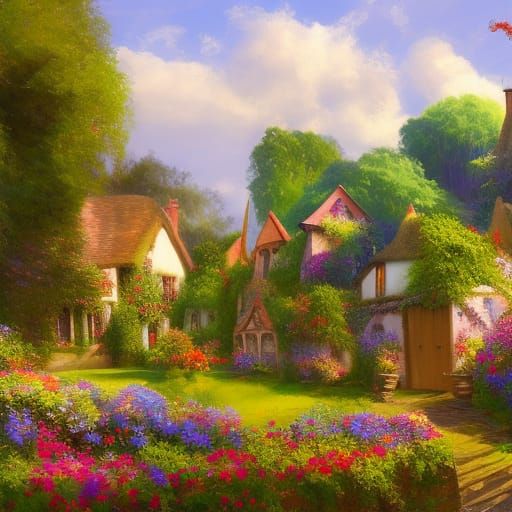 Charming English Village with Church, Oil Painting