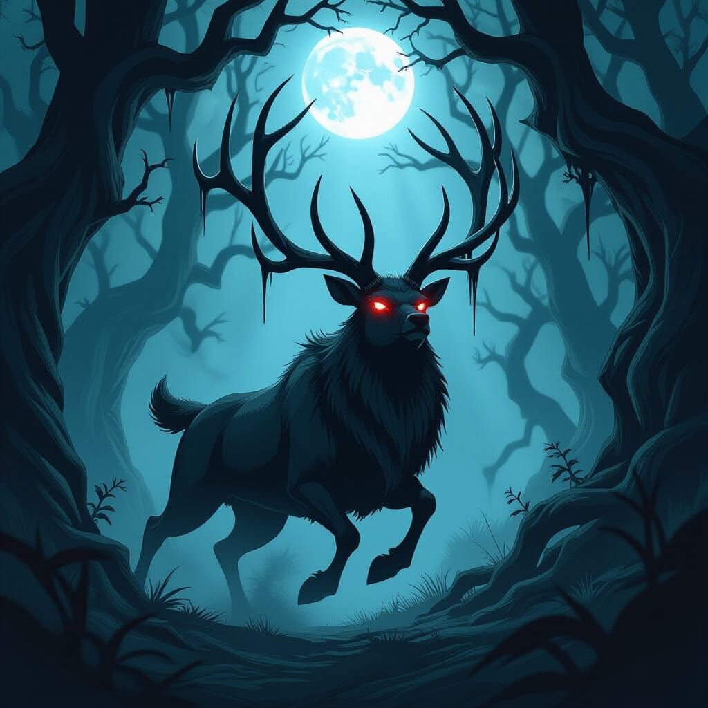 Malignant Stag Attacks in Moonlit Ancient Forest