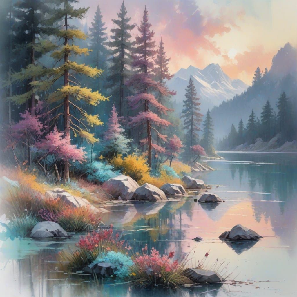 Mountain Lake at Daybreak in Neo-Impressionist Style