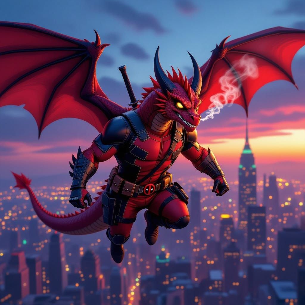Deadpool Dragon Soars Through Neon Cityscape
