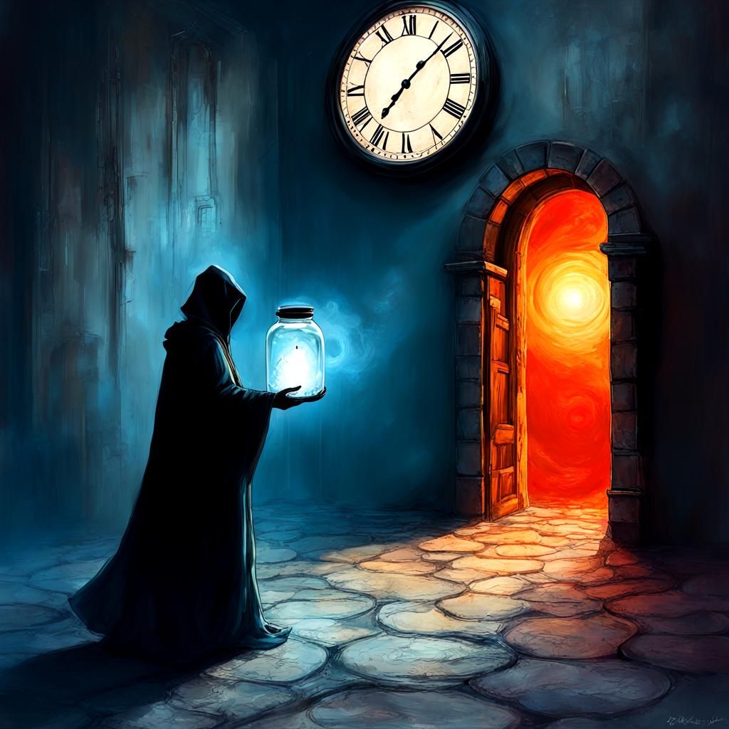 Mysterious Figure with Orb at Heaven and Hell Portals