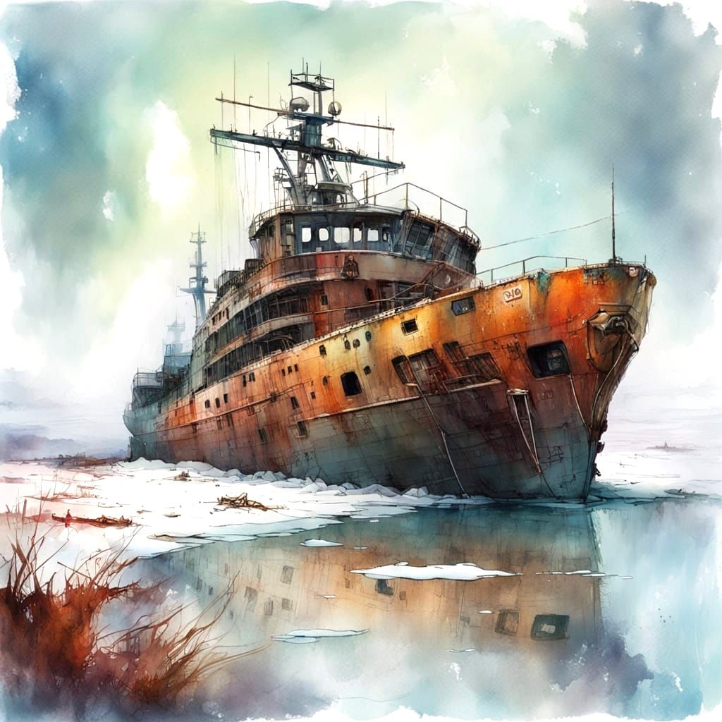 Abandoned Icebreaker Wreck in Watercolour Style