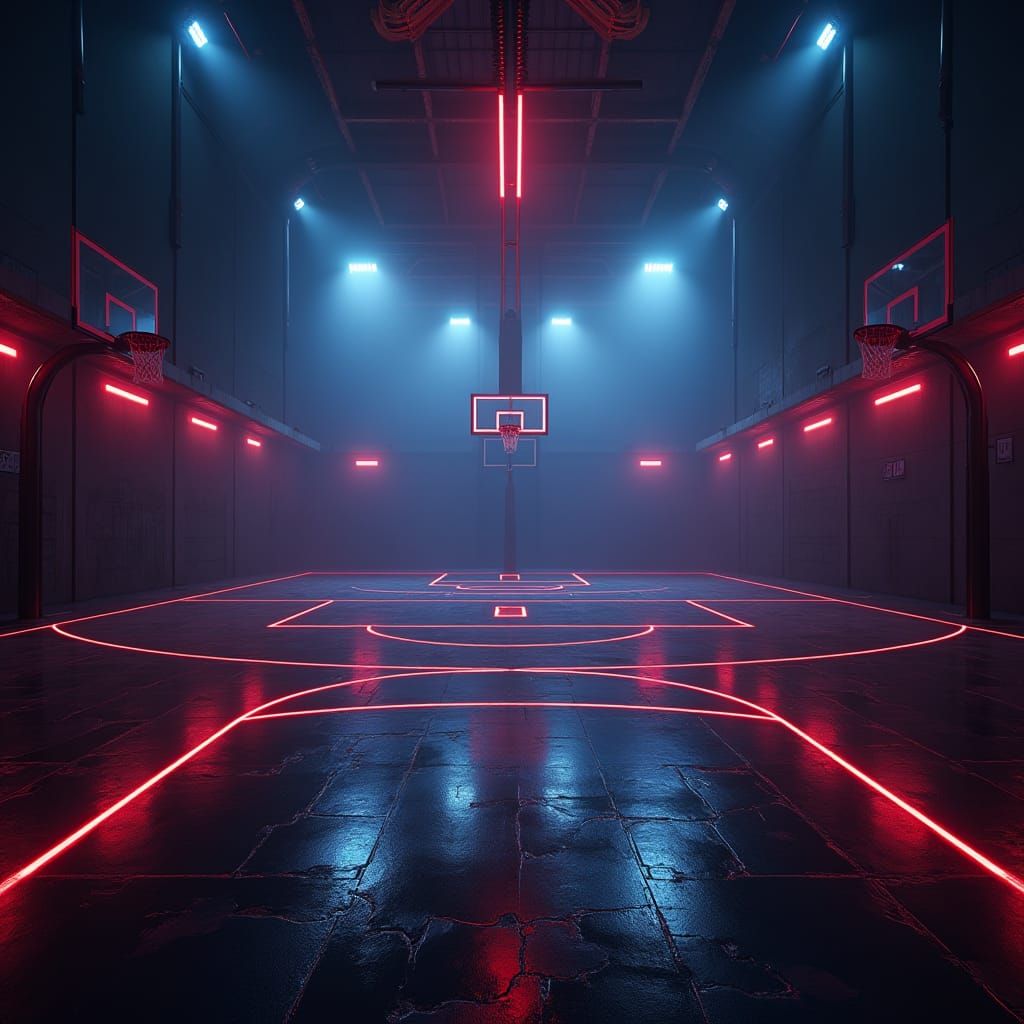 Neon-lit Fantasy Basketball Court with NBA Line