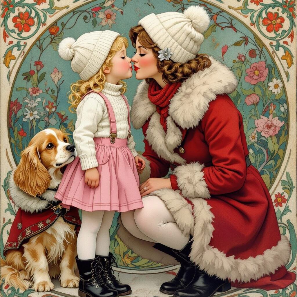 Tender Kiss: Woman, Girl, and Cocker Spaniel in Watercolor