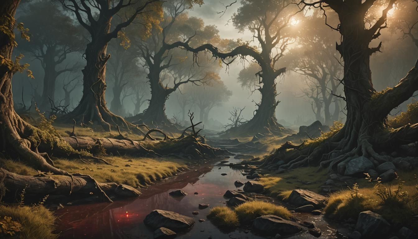 Eerie Gothic Landscape with Twisted Tree and Red Moon