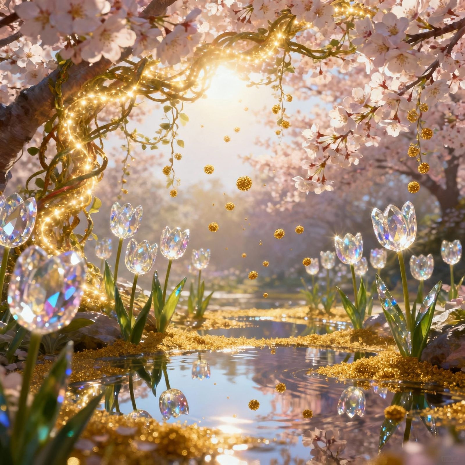 Surreal Paradise: Blossoms, Tulips, and Glowing Vines in Sun...