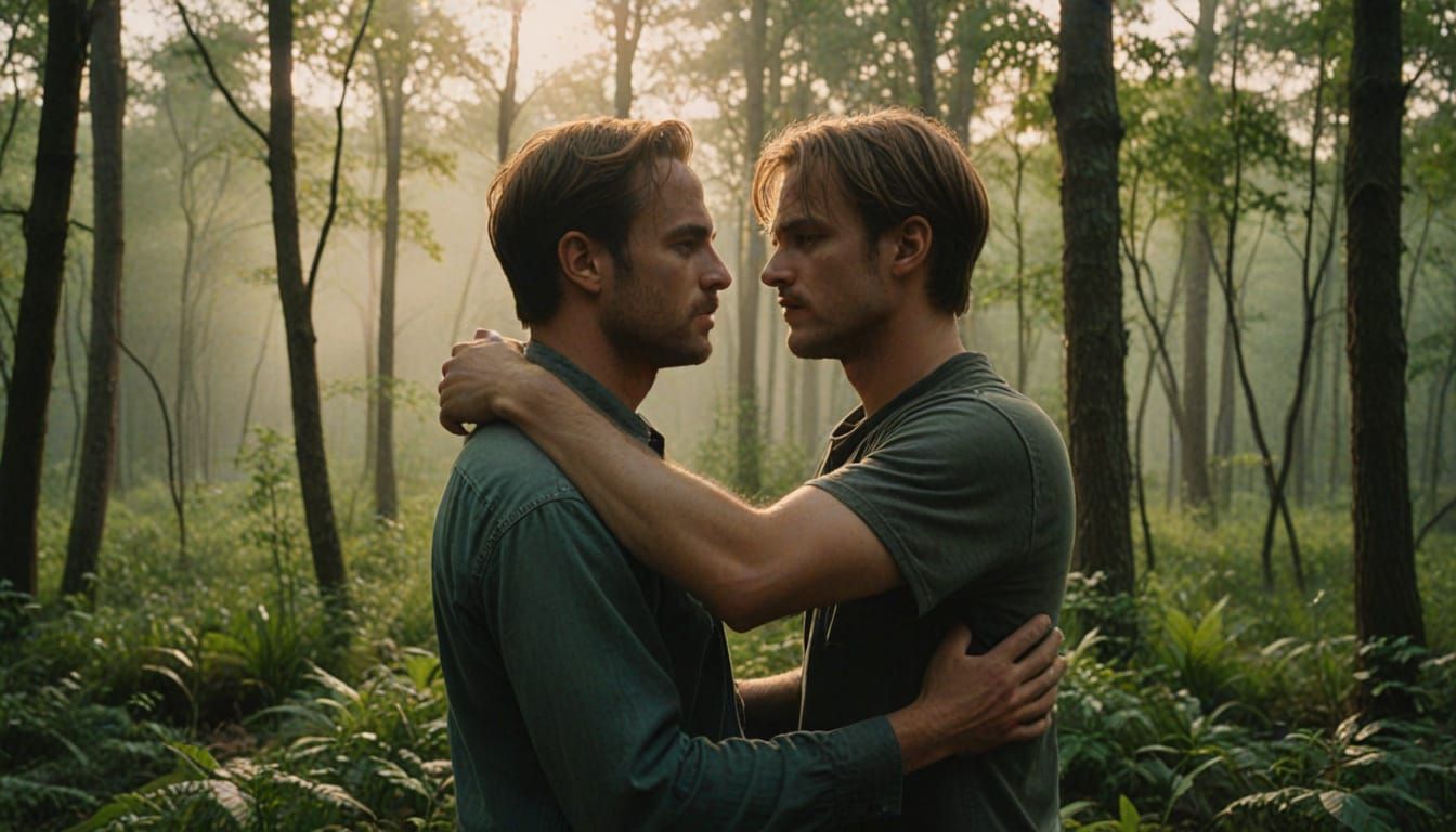 Two Men Embracing in a Lush Forest Landscape