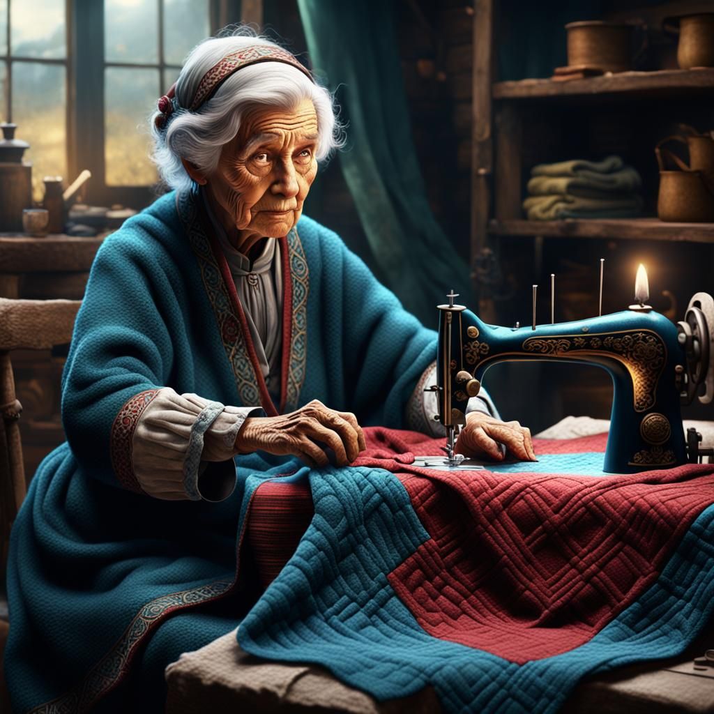 Old Woman Hand-Sewing Blanket: Detailed Matte Painting