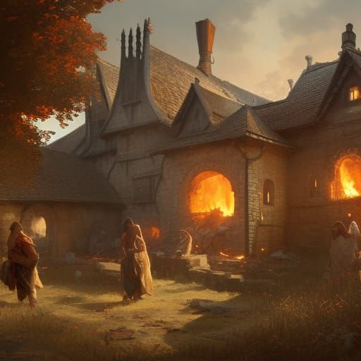 Burning Farmhouse by Medieval Huns: Hyperdetailed Concept Ar...