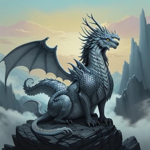 Korean Dragon on Misty Peak in Ink Wash Style