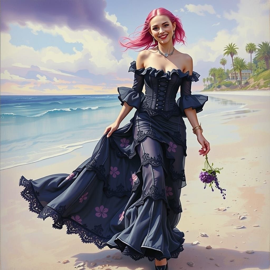 Gothic Goddess Strolls Along Sunset Beach
