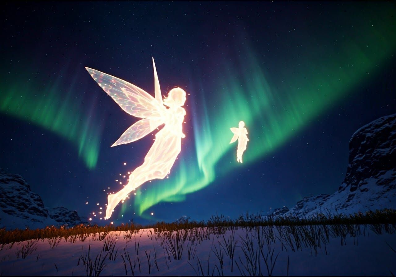 Ethereal Fairy Angels Dancing in Vibrant Northern Lights