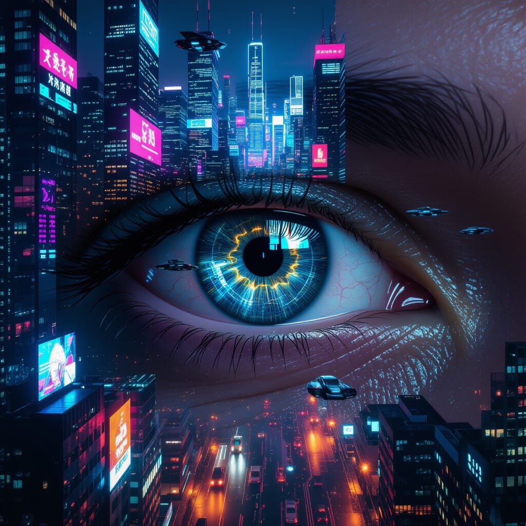 Eye View of a Cyberpunk Cityscape