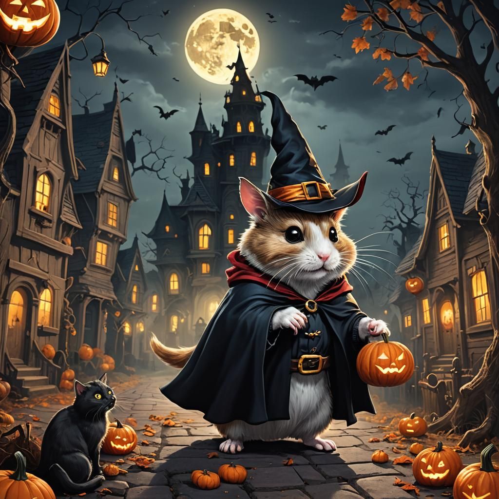Hamster and Cat Trick-or-Treating in Dark Fantasy Style