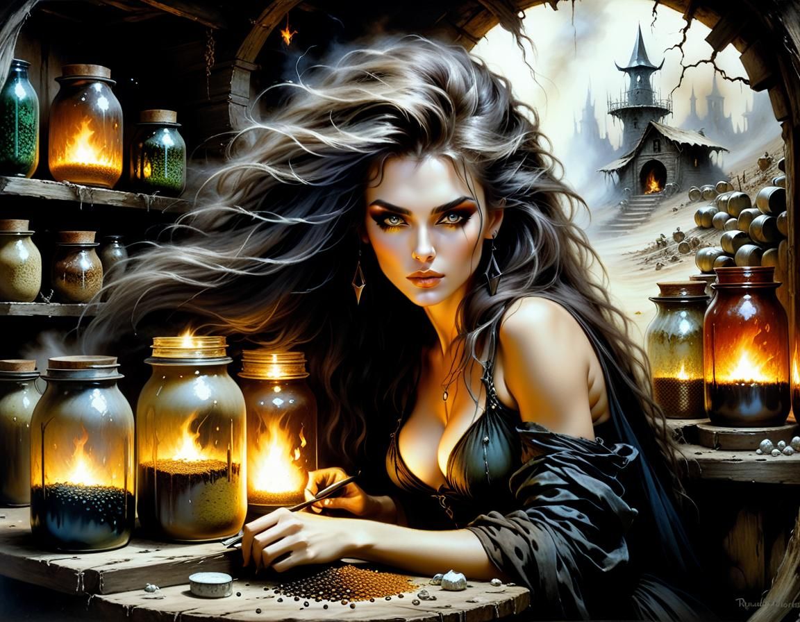 Enigmatic Witch in Hovel as Oil Painting