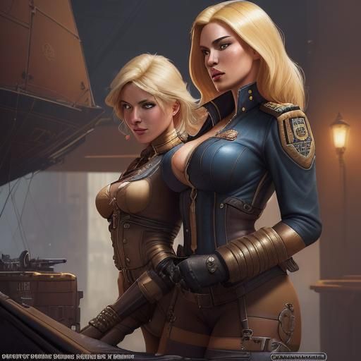 Dieselpunk Lady Officers Aboard Ship: Comic Book Art